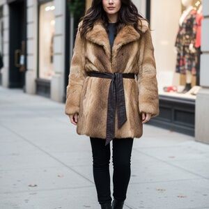Vintage Fur Women's Coat with leather belt
